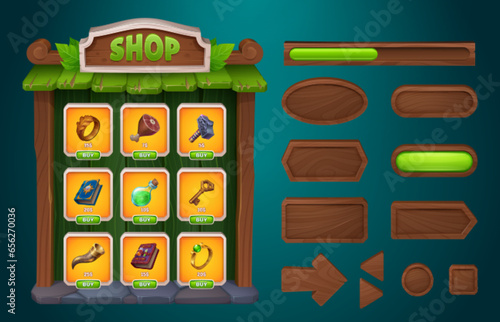 Wood game shop ui interface with button frame. Wooden store box gui item with 2d user navigation arrow cartoon set. Medieval board label with key, potion and recourse to buy in rpg mobile app.
