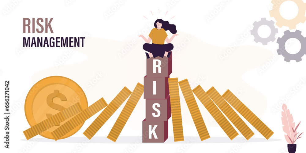 Risk management, concept. Calm businesswoman sitting in lotus pose on ...