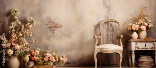 Vintage photo zone with country furniture and floral arrangements for portrait photography in a studio