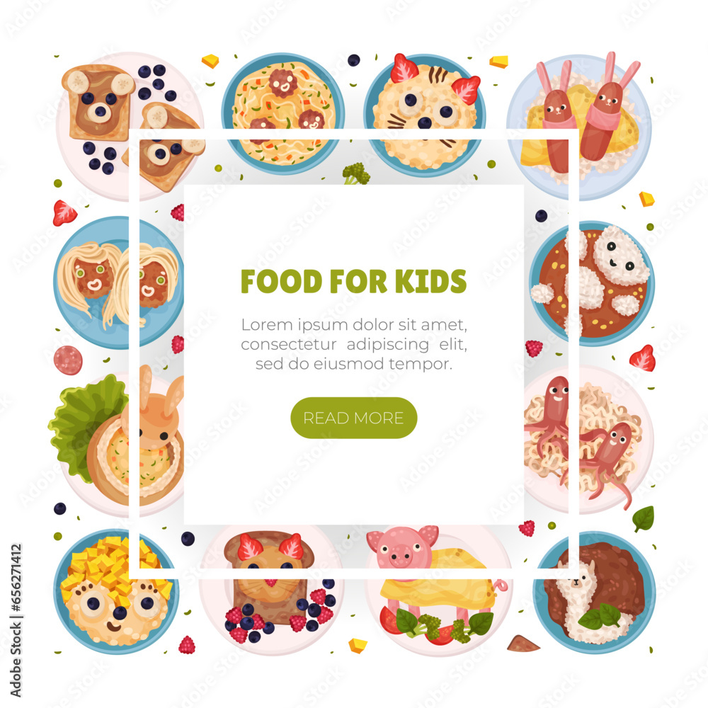 Fototapeta premium Children Breakfast Food and Meal Banner Design Vector Template