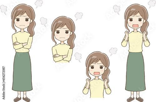 感情的に怒るロングスカートの女性 ポーズ2種類