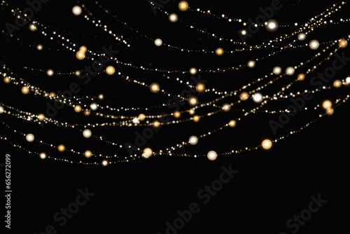 Gold Twinkle Christmas string lights on black background. Defocused Glowing light bulb garland. Generative AI