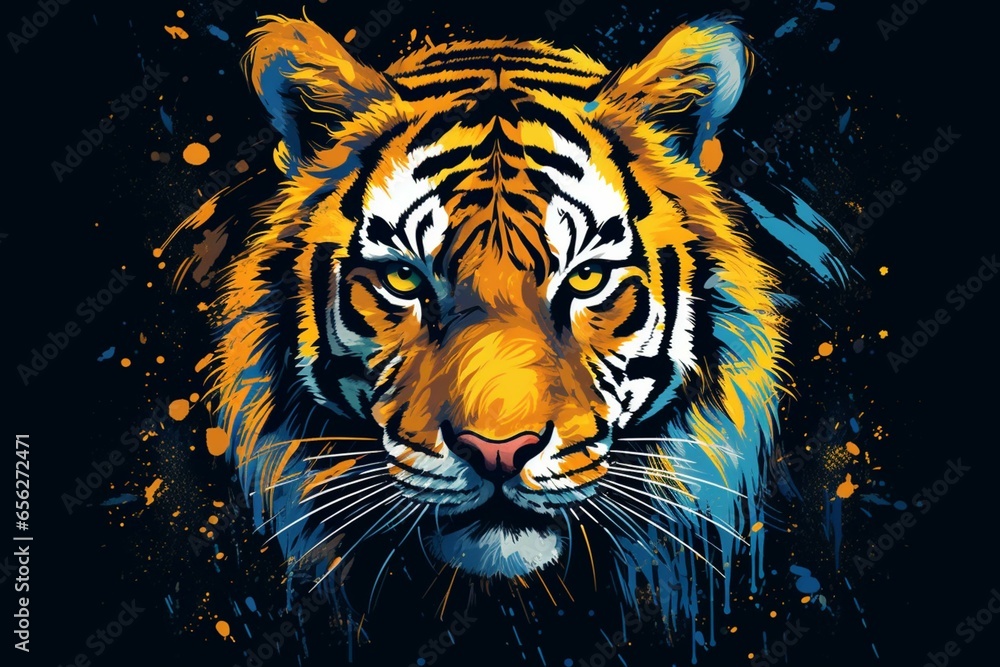 Abstract painting of a tiger with gold brushstrokes, isolated on a dark blue background. Generative AI