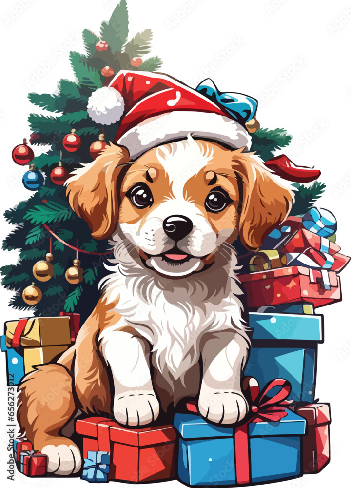 Dog in Christmas costume in Christmas tree vector illustration. Merry Mischief with Fido