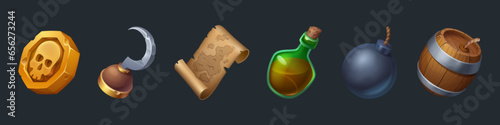 Pirate game ui element icon with treasure map. Cartoon vector gold coin with skull, glass rum bottle, barrel and old parchment collection for mobile interface app. Isolated bomb and hook gaming item