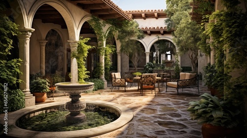An image highlighting the beauty of a Mediterranean courtyard, with a central fountain, lush greenery, and mosaic accents. AI generated