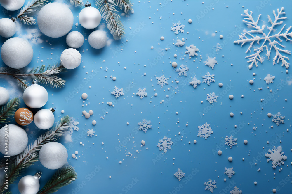 New Year's blue background decorated with Christmas tree branches,snowflakes and toys. New Year's blue background decorated with Christmas tree branches,snowflakes and toys.