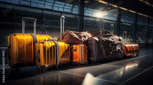 Baggage and suitcases on an airport terminal conveyor belt © sirisakboakaew