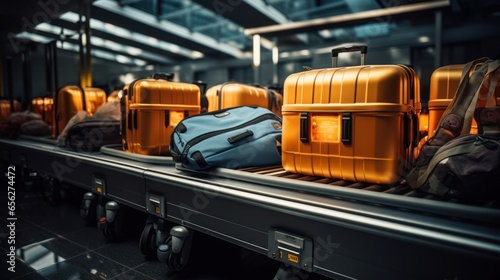 Baggage and suitcases on an airport terminal conveyor belt