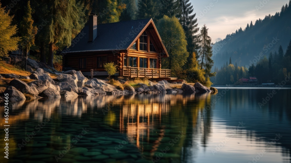 Obraz premium Cozy wooden log cabin on a river or lake with a beautiful and scenic view of nature