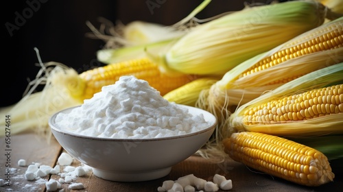 Corn starch in a bowl with ripe cobs and kernels on the table