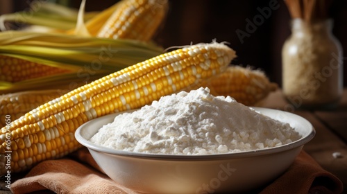 Corn starch in a bowl with ripe cobs and kernels on the table