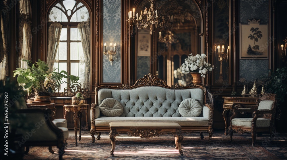 An image showcasing the ornate details of a Victorian living room, including intricately carved furniture, patterned wallpaper, and vintage decor. AI generated - obrazy, fototapety, plakaty 