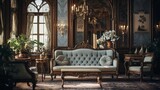 An image showcasing the ornate details of a Victorian living room, including intricately carved furniture, patterned wallpaper, and vintage decor. AI generated