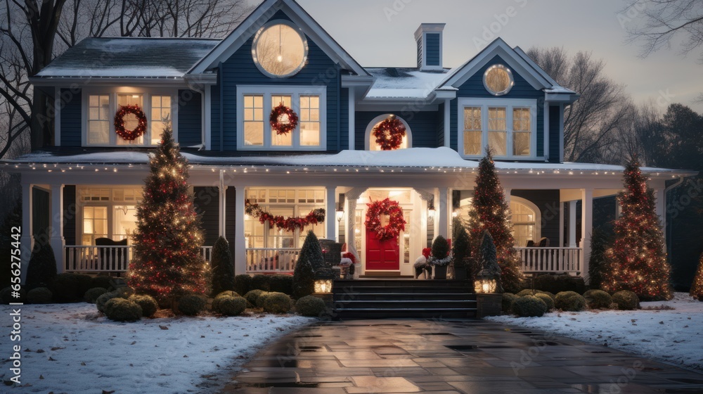 Exterior of a suburban house in the USA decorated for Christmas and the New Year holidays