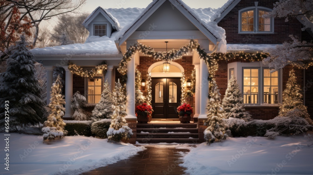 Exterior of a suburban house in the USA decorated for Christmas and the New Year holidays Exterior of a suburban house in the USA decorated for Christmas and the New Year holidays