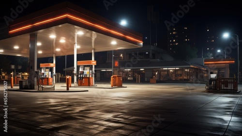Gas station exterior night lights.