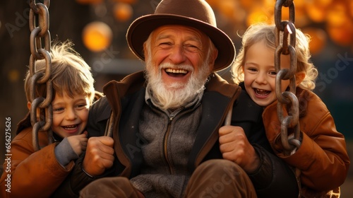 Grandfather and his grandchildren in a park having fun on a swing