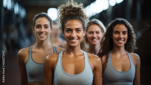 Group of happy young women in sports clothes smiling and looking at camera in gym