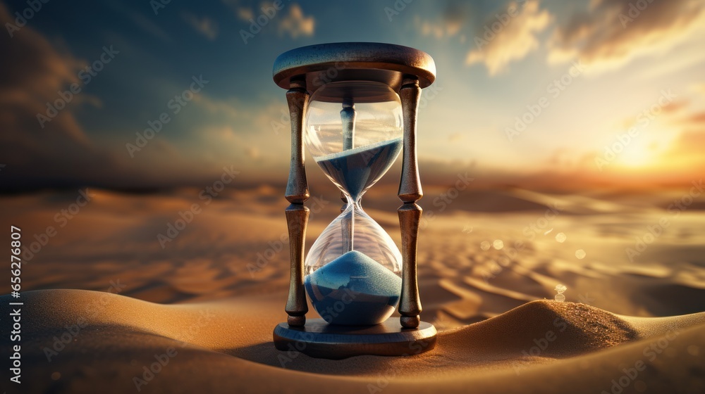 Hourglass in the sand. Concept of time passing. created - obrazy, fototapety, plakaty 