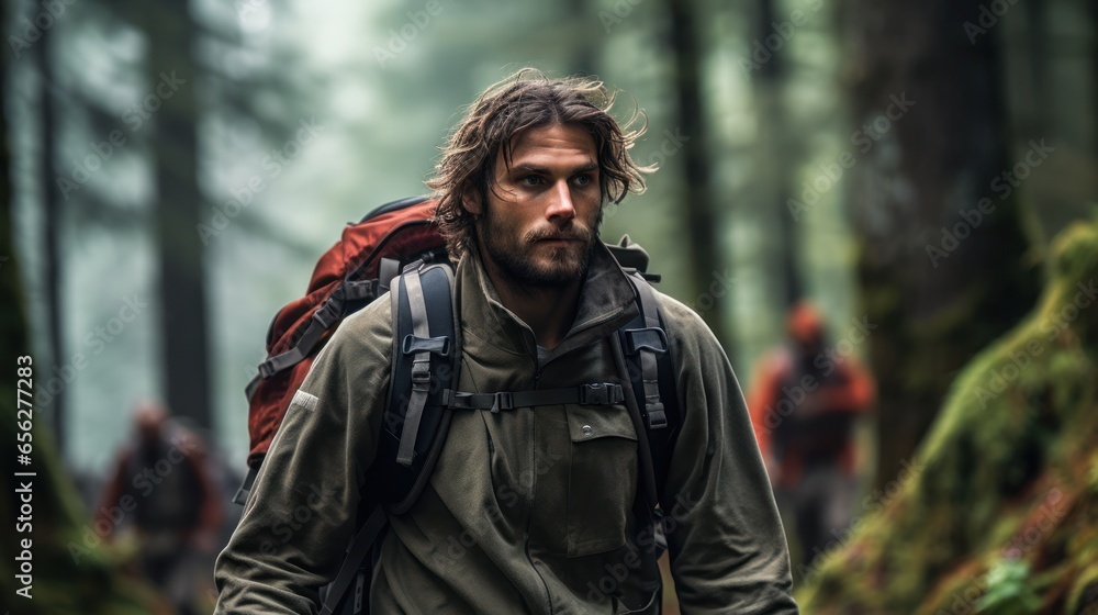 Nature Enthusiast Trekking through Mountain Terrain. Nature Enthusiast Trekking through Mountain Terrain.