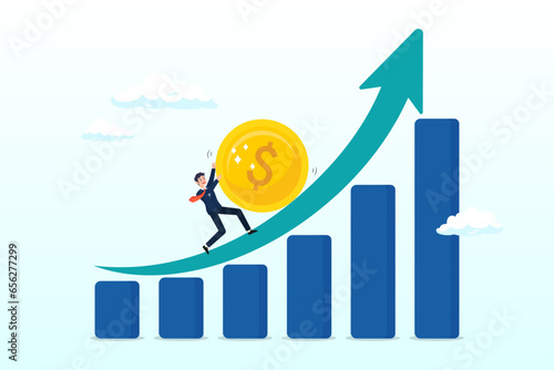 Businessman push money coin up exponential graph, compound interest exponential growth, investing earning profit, wealth management or savings, pension fund growing in long term investment (Vector)