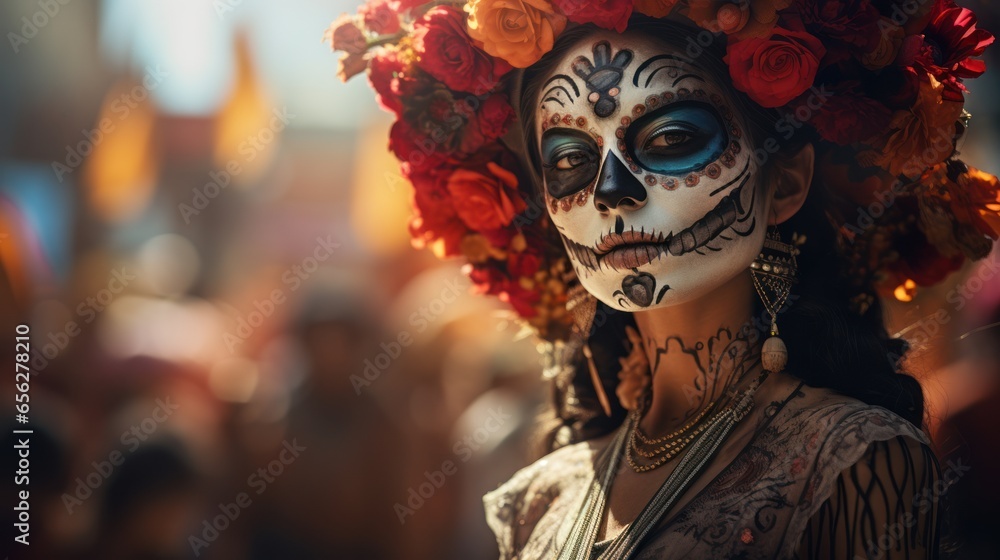 a woman wearing beautiful Day of the Dead costumes and skull makeup at Festival a woman wearing beautiful Day of the Dead costumes and skull makeup at Festival