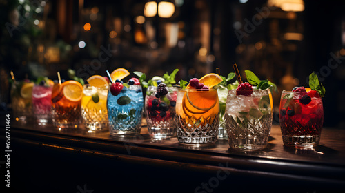 Artisanal Cocktails Garnished with Fruit on a Bar