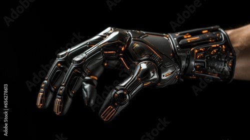 robotic hand on a black background with a vignette.