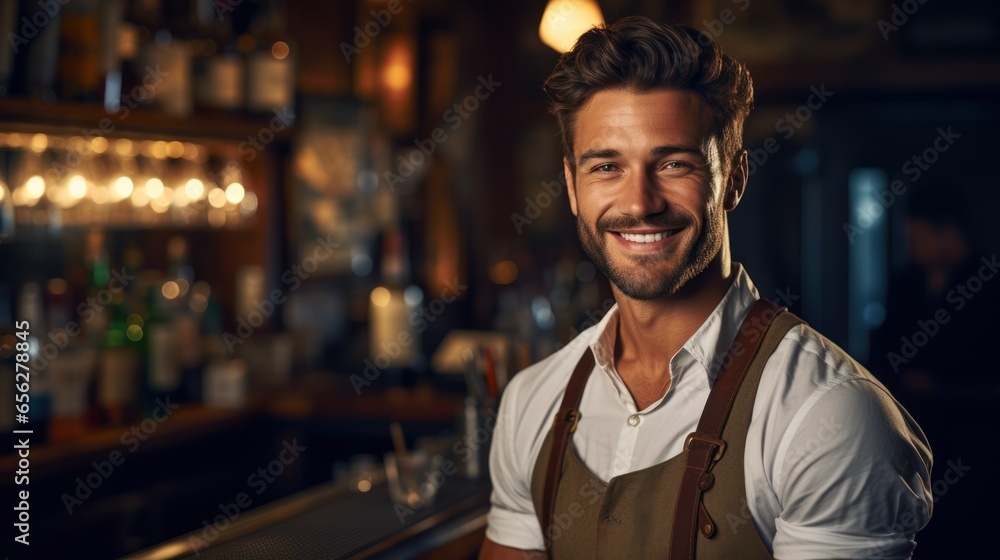 Photograph of Smiling portrait of a young caucasian bartender working behind a bar Photograph of Smiling portrait of a young caucasian bartender working behind a bar