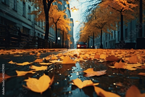 Autumn leaves in the rain. Empty road in city in autumn time.