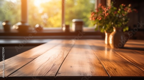 Wooden clean table in the kitchen, The sun shines through the window.