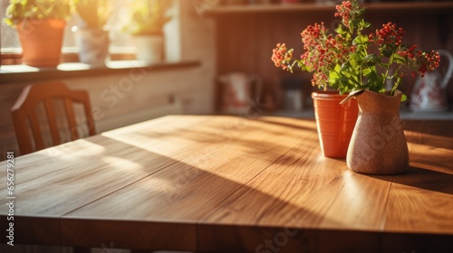 Wooden clean table in the kitchen, The sun shines through the window.