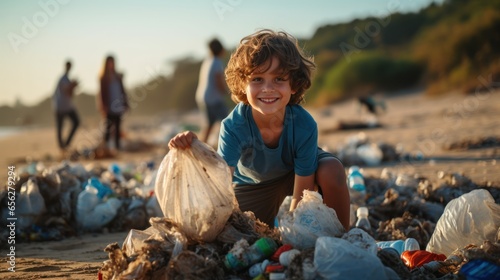 boy volunteer smiling looking at a camera picking up a plastic litter on a beach.