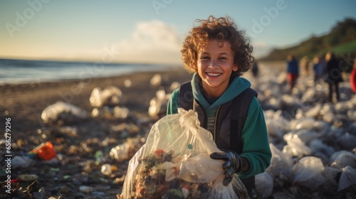 boy volunteer smiling looking at a camera picking up a plastic litter on a beach.