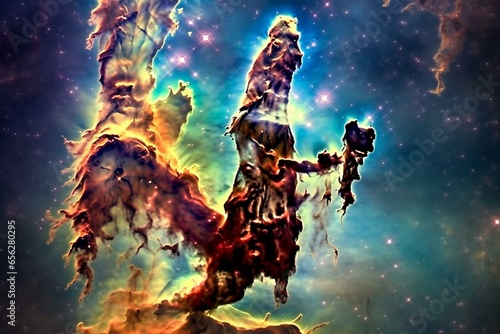 Astounding new perspective on the stunning Eagle Nebula's pillars of creation in the constellation Serpens. Generative AI
