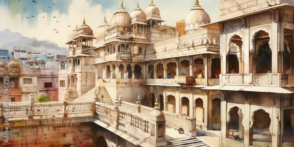 watercolor painting India See buildings and places as landmarks