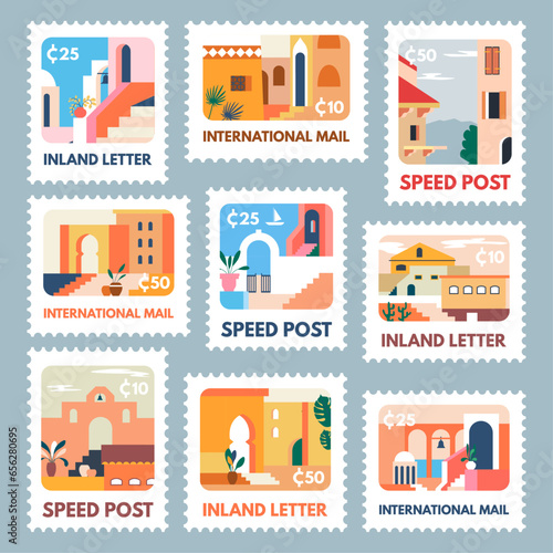 Postage stamp design set with colorful landmark
