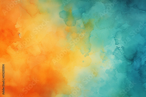 orange watercolor paint background design with colorful blue pink borders and bright center, watercolor bleed and fringe with vibrant distressed grunge texture. watercolor background.
