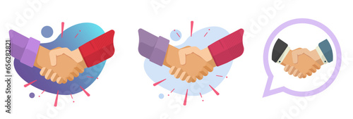 Shaking hands handshake icon vector graphic illustration, strong partnership deal agreement greeting modern flat cartoon design, trust respect hello friends handclasp image clipart set