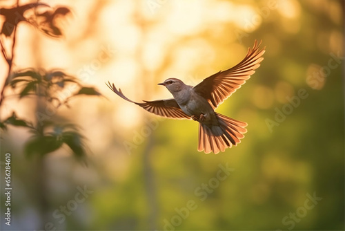 Little bird flying on a tree branch at sunset, nature background. © enter
