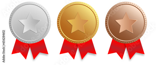 Competition trophy Gold, Silver, Bronze medals set. Metal award badge with star and red ribbion.