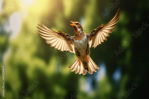 Little bird flying on a tree branch at sunset, nature background.
