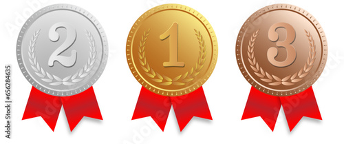 Gold, Silver, Bronze medals set. Metal award badge with first, second and third achievement. Competition trophy illustration.