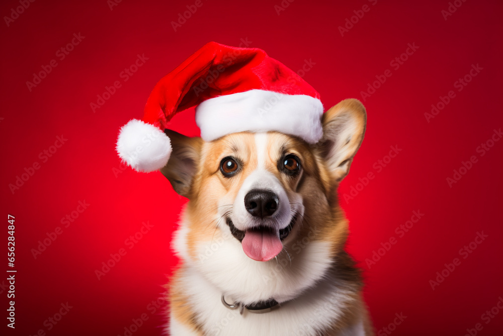 corgi wearing Santa's hat on a red background studio shot