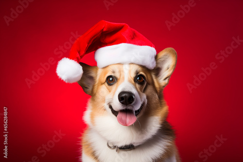 corgi wearing Santa's hat on a red background studio shot © World of AI
