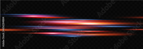 Light effect of neon lines movement.Horizontal lines. Speed ​​effect on a transparent background.lines of light, speed and movement.	
