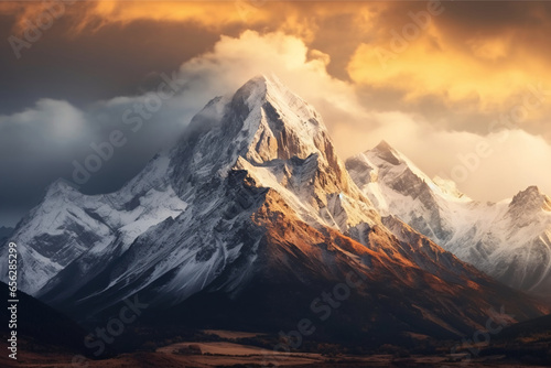 Mountain landscape with snow-capped peaks at sunset