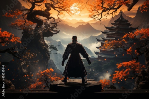 Shaolin temple's ornate architecture with a practicing martial artist in the foreground, blending history and tradition, Generative AI photo