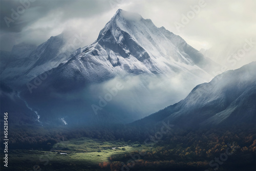 Mountain landscape with snow-capped peaks at sunset photo